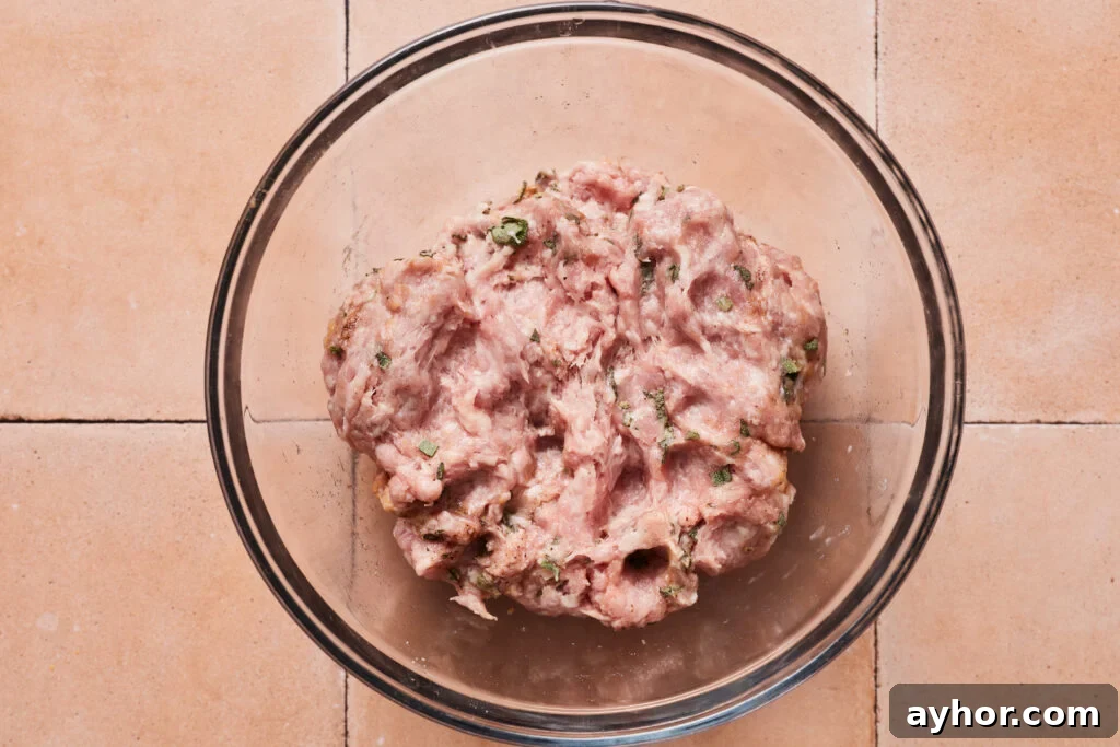 Mixing sausage mixture in a bowl