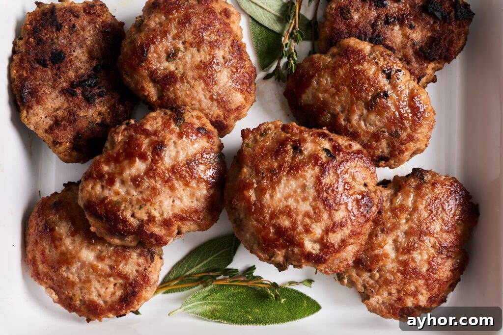 Cooked breakfast sausage on a plate and garnished with sage and thyme