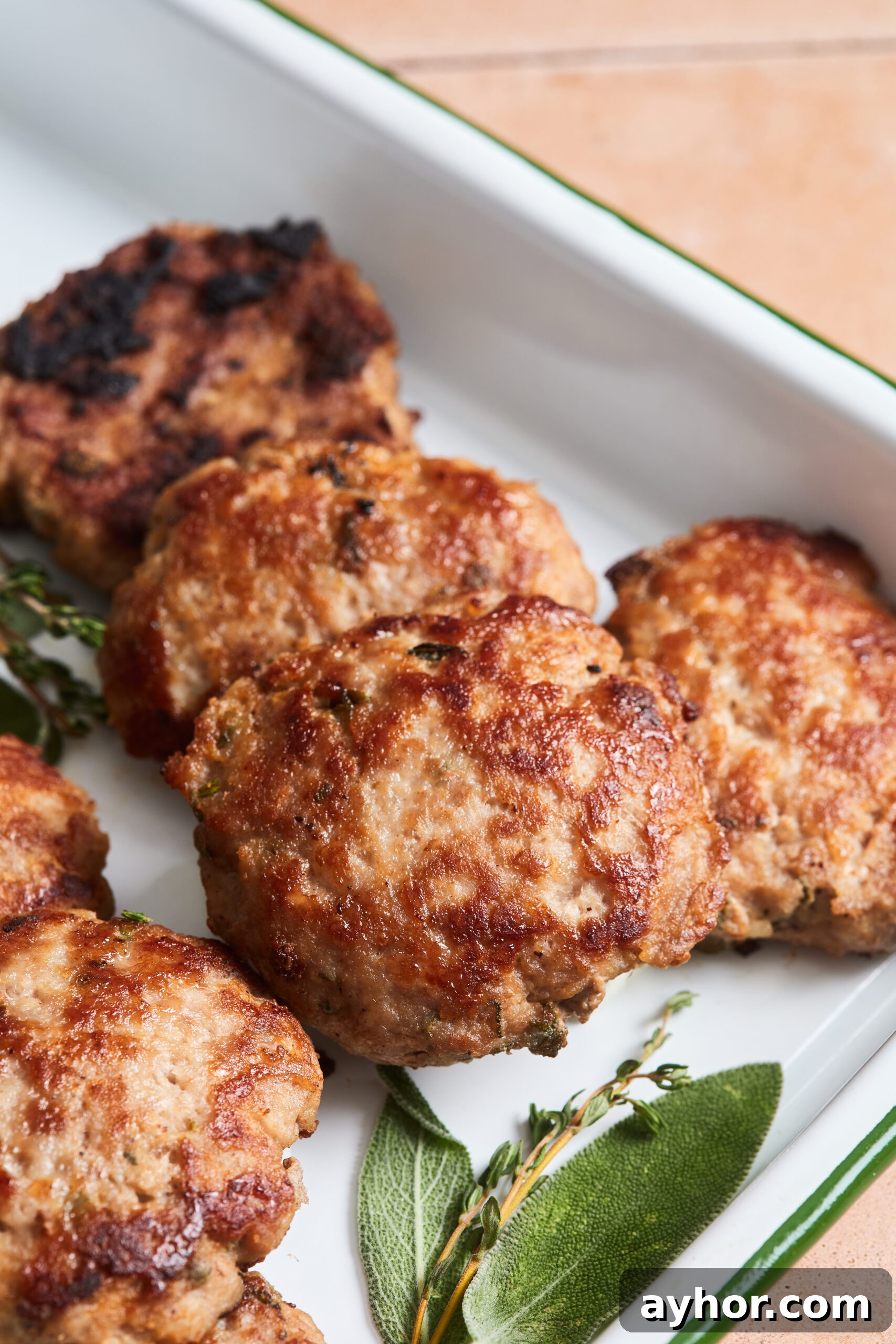 Close-up shot of breakfast pork sausages showing seared and browned surface