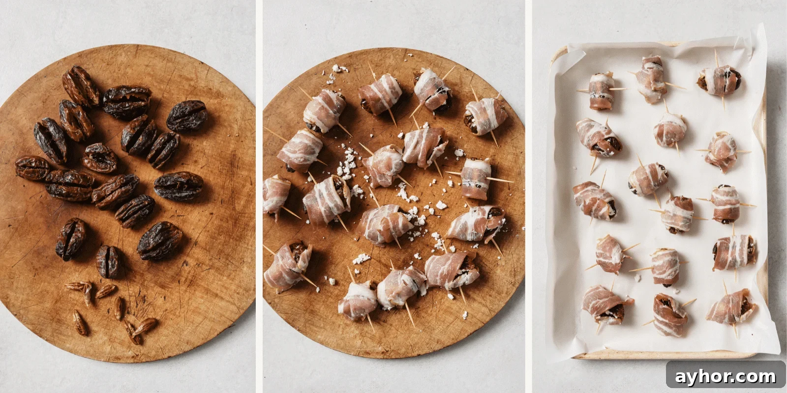 Bacon-Wrapped Dates: Sweet and Savory Appetizer Recipe 4 Left: pitted dates. Center: dates stuffed and wrapped in bacon. Right: prepared dates on a baking sheet.