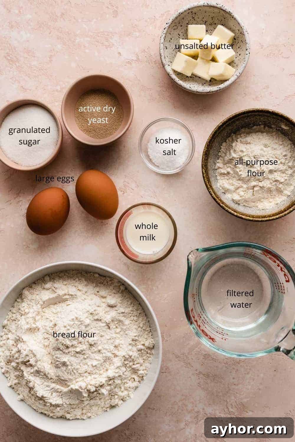 ingredients to make brioche buns labeled