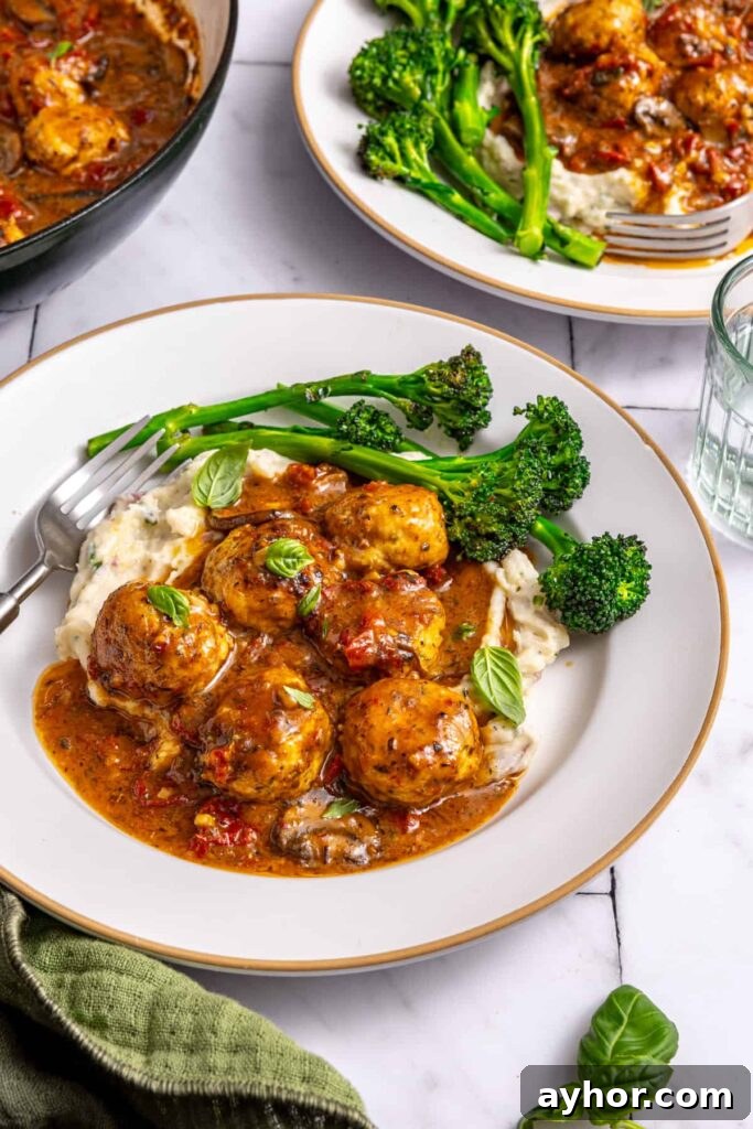 Balanced high-protein meal with chicken meatballs and broccolini