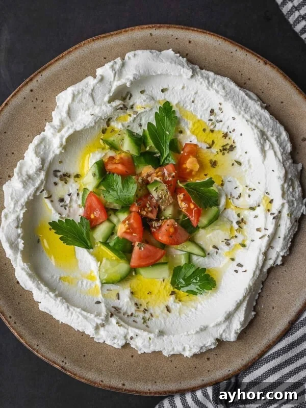 Levantine Ful Medames: Classic Chickpea & Fava Bean Stew Recipe 10 A plate of labneh topped with tomatoes and cucumbers.