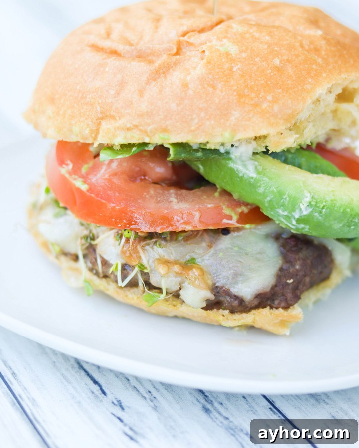 Avocado Sprouts California Cheeseburgers with Shallot Mayo