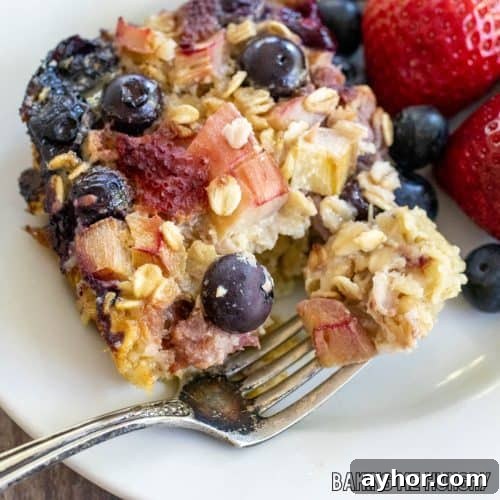 baked rhubarb oatmeal on small plate with bite on a fork close up