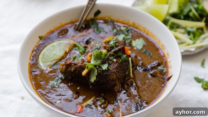 Nihari in a white bowl garnished with condiments
