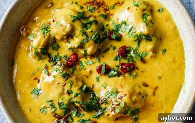 Kadhi Pakora in a bowl garnished with cilantro