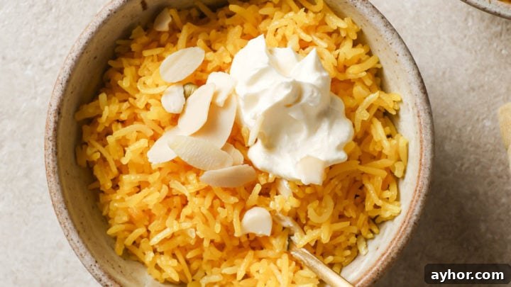 A bowl of Zarda ready to be eaten with a spoon.