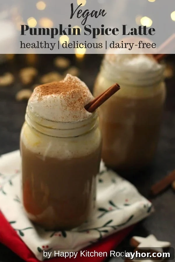 Healthy Vegan Pumpkin Spice Latte - Two Mason Jars with Festive Lights in the Background