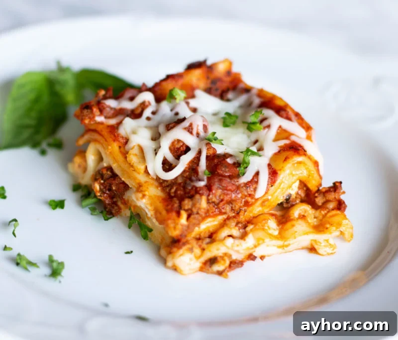 Classic Homemade Lasagna Recipe for Rich, Cheesy Layers 17 Plate with a slice of layered lasagna topped with basil.