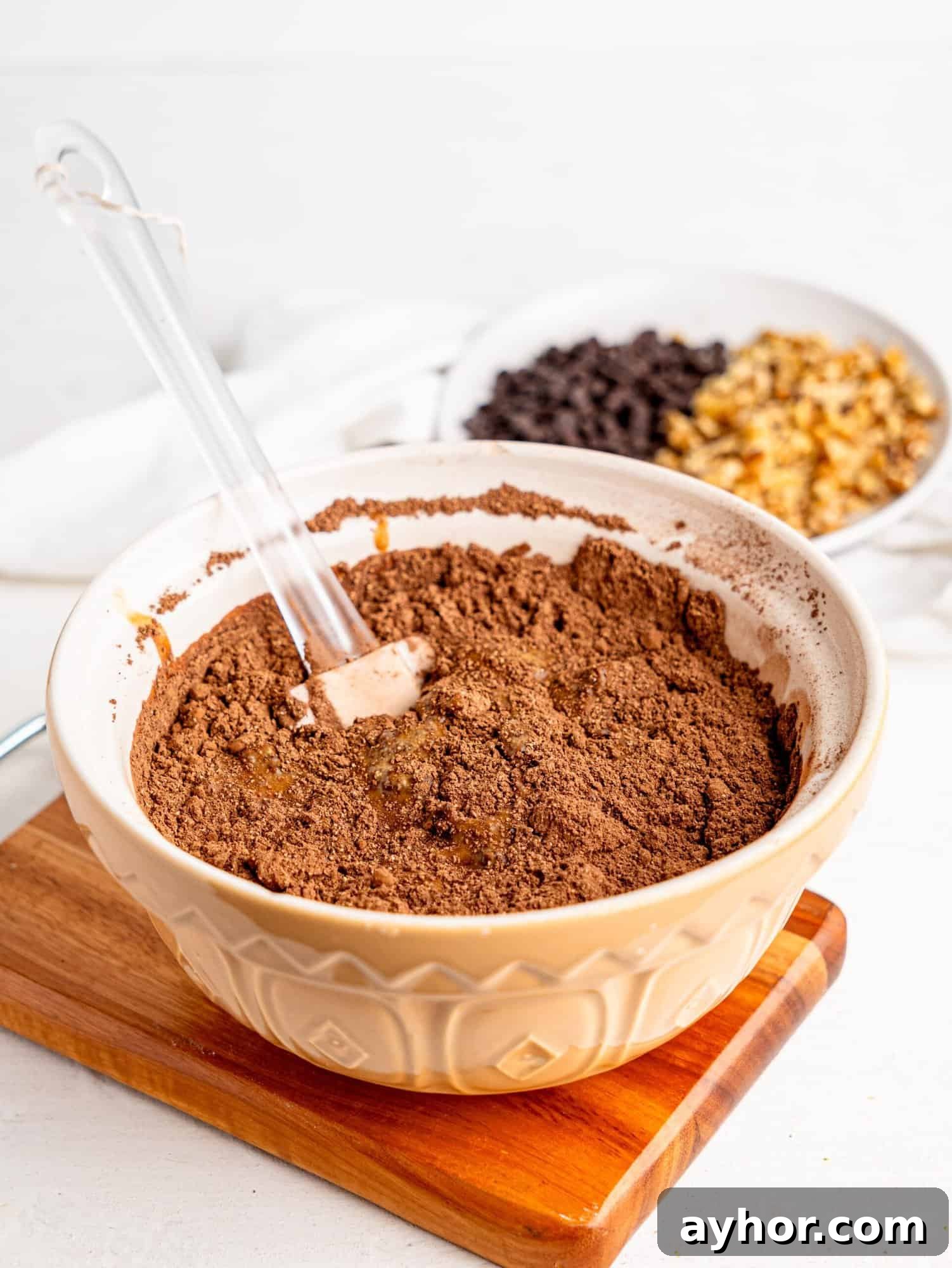 Cottage cheese brownies ingredients in a mixing bowl.