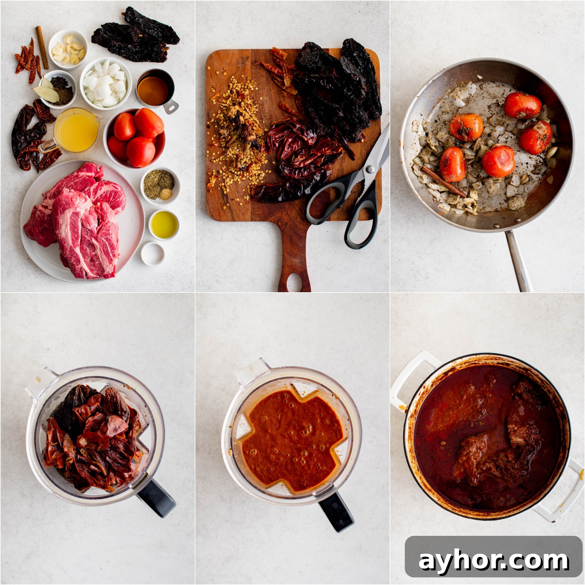 Birria Ramen Recipe: Flavorful Mexican-Style Beef Ramen 5 Collage of six images. The first image shows the ingredients required to make birria, the second image shows various dried chiles on a cutting board with the seeds removed, the third image shows onion, spices, and whole tomatoes sauteing in a large skillet, the fourth image shows boiled and softened whole chiles in a large blender, the fifth image shows a blender filled with blended chiles, tomatoes, onions, and spices, and the sixth image shows beef simmering in a pot of birria sauce.