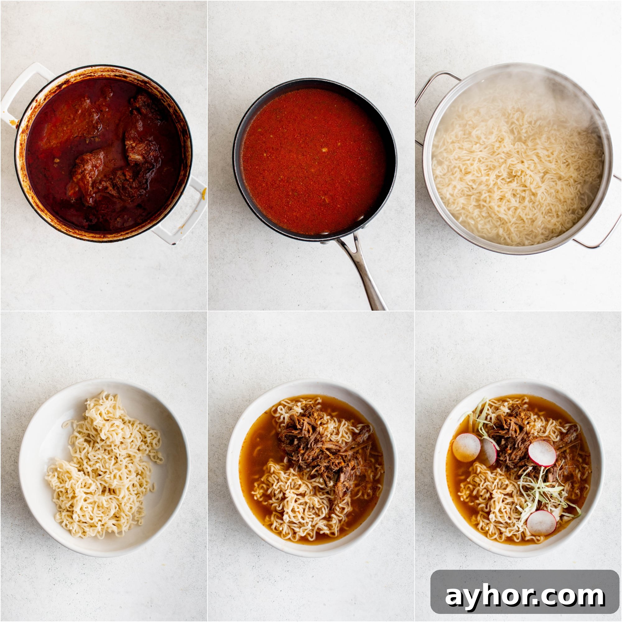 Birria Ramen Recipe: Flavorful Mexican-Style Beef Ramen 6 Collage of six images illustrating preparing a bowl of birria ramen using homemade birria broth, cooked ramen noodles, shredded beef, cabbage, and radish.