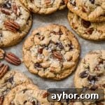 Warm and chewy browned butter pecan chocolate chip cookies with flaky sea salt on a parchment paper-lined baking sheet.