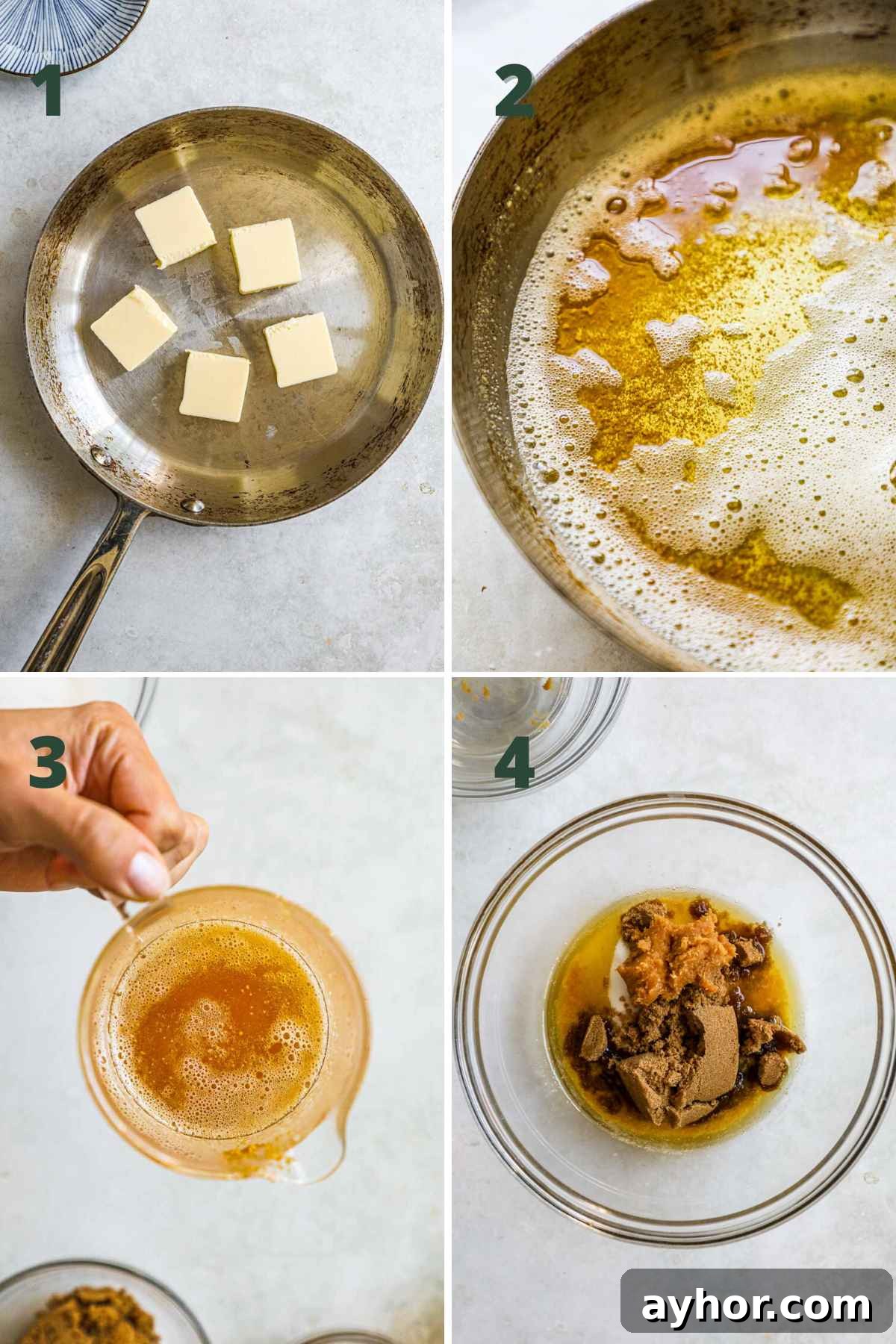 Steps to make pecan chocolate chip cookies, including browning the butter, adding sugars, butter to a mixing bowl.