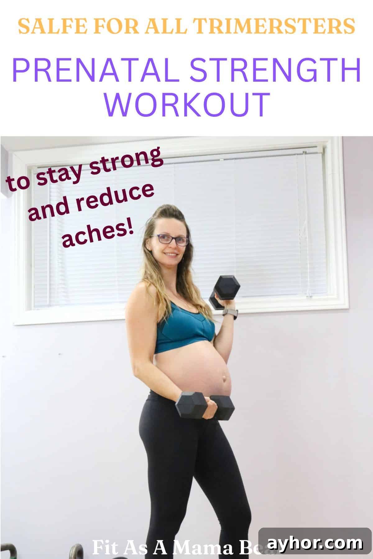 Prenatal Full-Body Strength Routine for Expecting Moms 2 Pregnant woman in sports bra and tights holding dumbbells with text on the image.