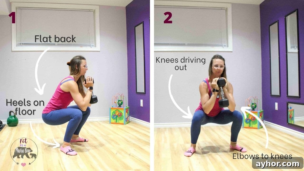 Prenatal Full-Body Strength Routine for Expecting Moms 4 Two images of a woman performing a squat from the front and side with pointers