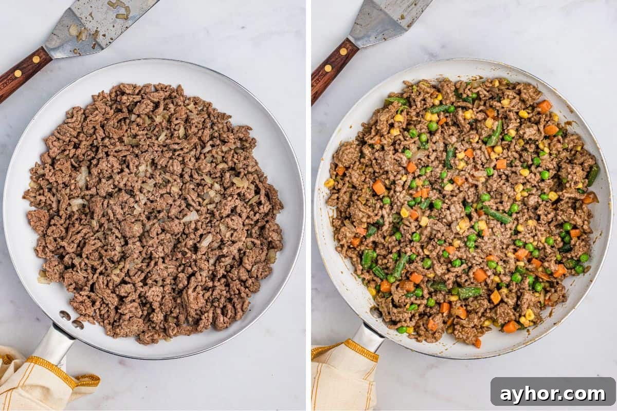 A two-step cooking process showing a large skillet with browned ground beef and sautéed onions on the left, and the same mixture with peas, carrots, corn, and green beans mixed in on the right.