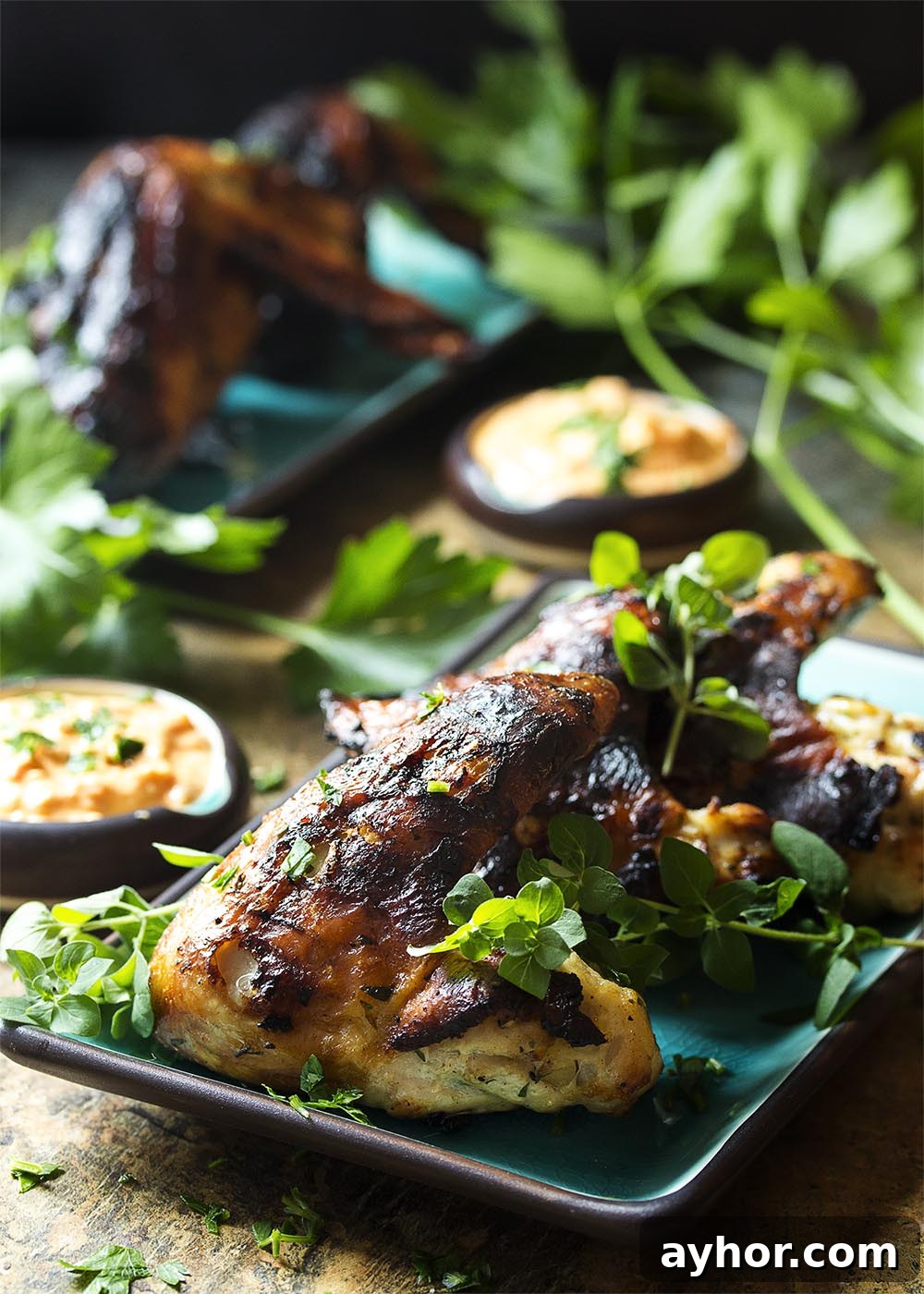 Greek Yogurt Marinated Grilled Chicken Wings Recipe 2 Yogurt marinated chicken wings are flavorful, tender and juicy—grilled Greek wings make a fun, easy party food, great with roasted pepper feta dip or tzatziki.