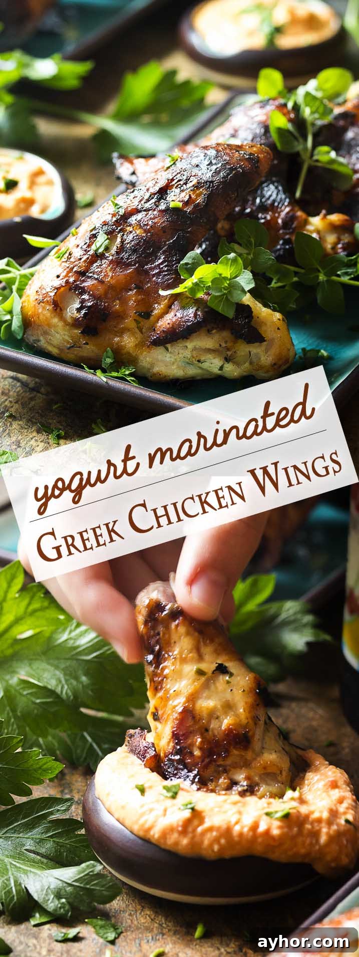 Greek Yogurt Marinated Grilled Chicken Wings Recipe 6 Yogurt marinated chicken wings are flavorful, tender and juicy—grilled Greek wings make a fun, easy party food, great with roasted pepper feta dip or tzatziki.