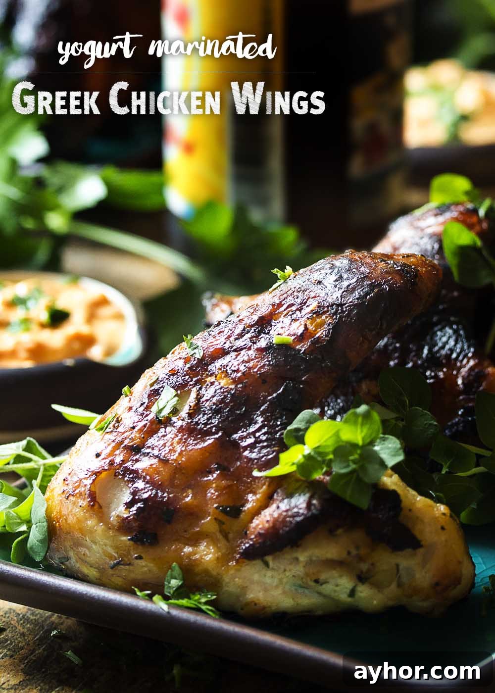 Greek Yogurt Marinated Grilled Chicken Wings Recipe 7 Yogurt marinated chicken wings are flavorful, tender and juicy—grilled Greek wings make a fun, easy party food, great with roasted pepper feta dip or tzatziki.