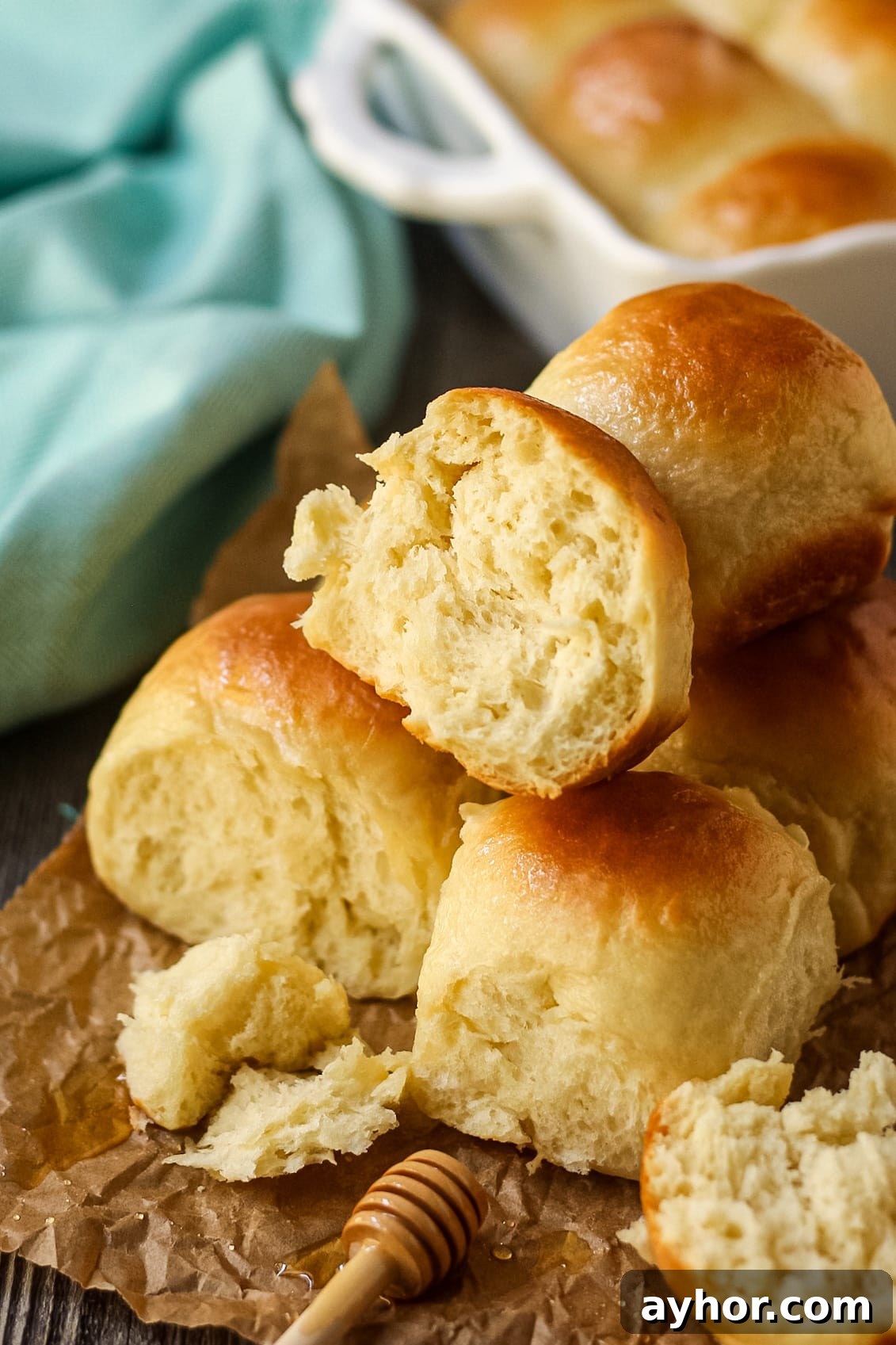 1-Hour Soft and Fluffy Dinner Rolls Recipe 2 honey butter dinner rolls on parchment paper. One roll torn open to show texture.