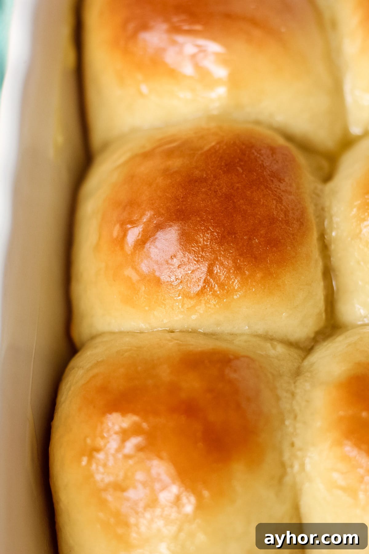 1-Hour Soft and Fluffy Dinner Rolls Recipe 9 honey butter rolls in baking dish.
