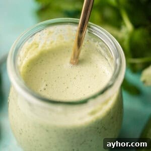 Creamy Jalapeño Ranch Dressing Recipe for Spicy Salads 7 a small jar filled with spicy ranch dressing with jalapenos and cilantro