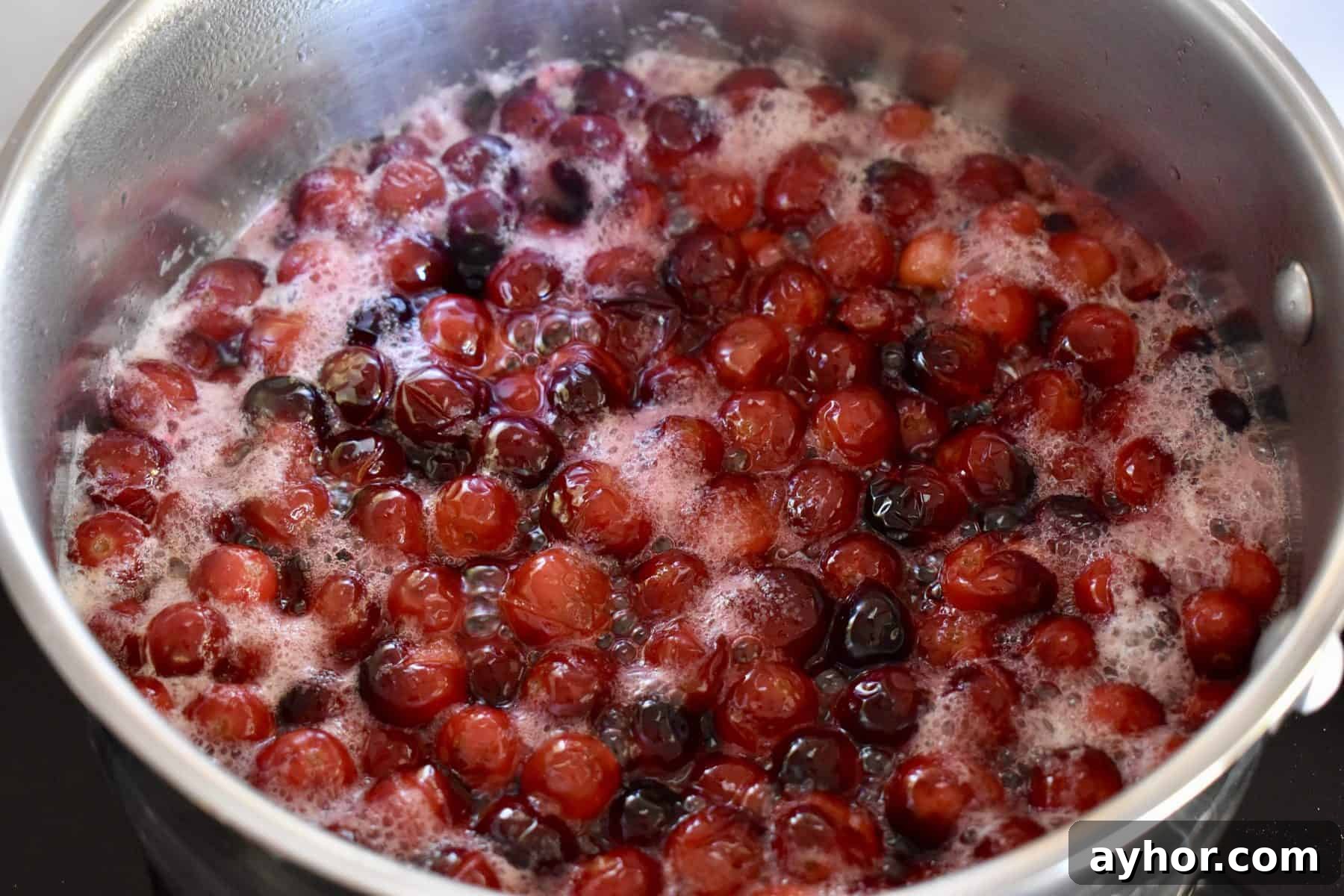 Cranberry Pineapple Sauce Recipe for Holiday Side Dish 5 cranberries in the pot popped open after simmering.