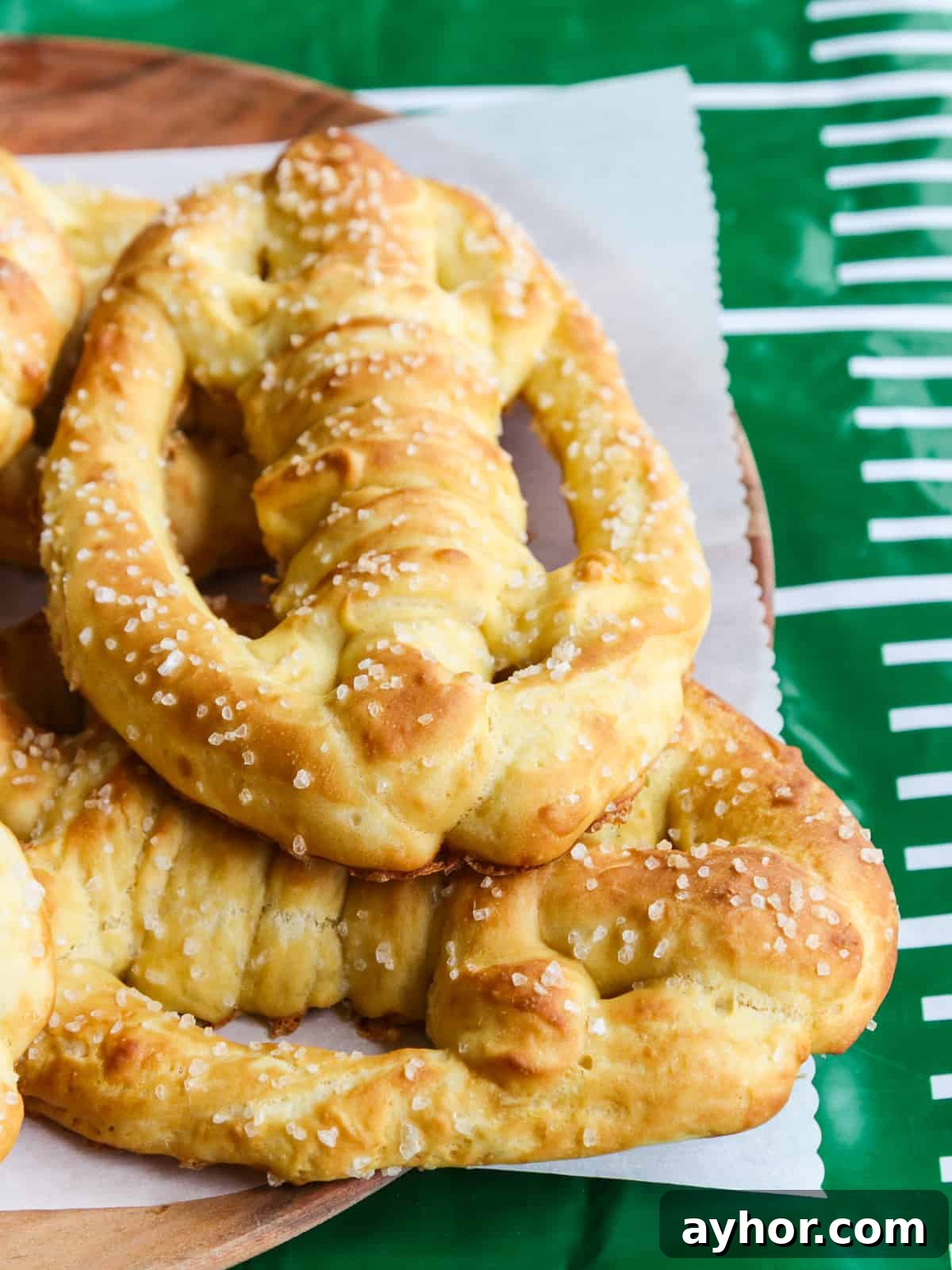 Baked football pretzels on platter