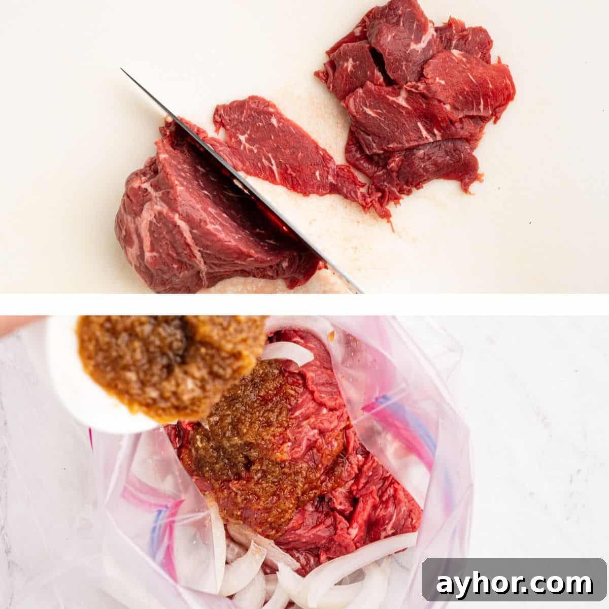 Process of slicing beef and marinating in a ziplock bag.