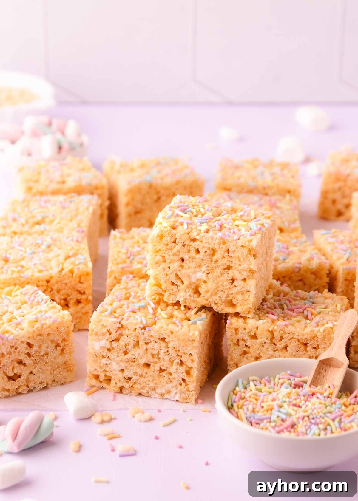 Gluten-Free Rice Krispie Treats Recipe That Really Crisps 2 A stack of rice krispie treats on a pale purple background with a small bowl of pastel sprinkles, text overlay reads "gluten free rice krispie treats."