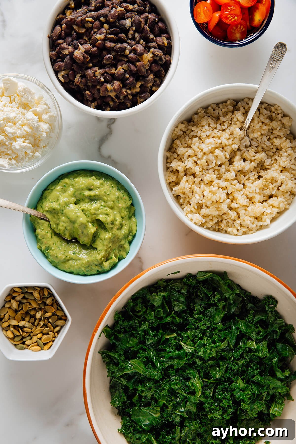 kale burrito bowl components before assembly