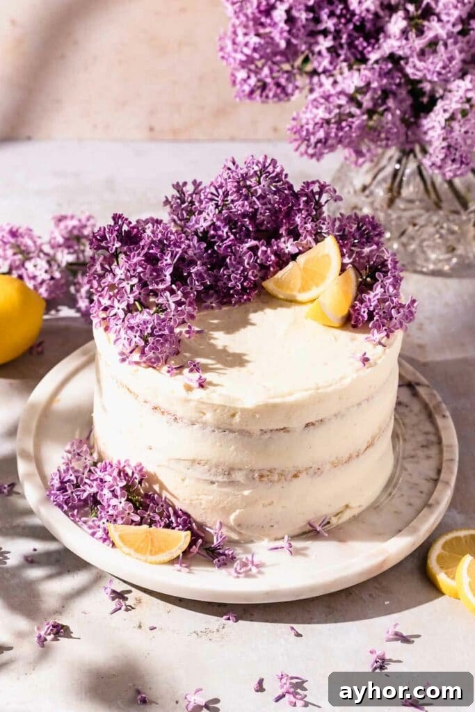 Lemon-Lilac Cake Recipe: Light Floral Citrus Dessert 2 Semi naked layer cake topped with fresh lilacs and lemon wedges