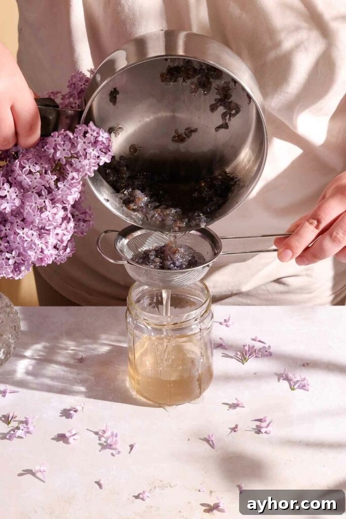 Lemon-Lilac Cake Recipe: Light Floral Citrus Dessert 7 straining lilac syrup