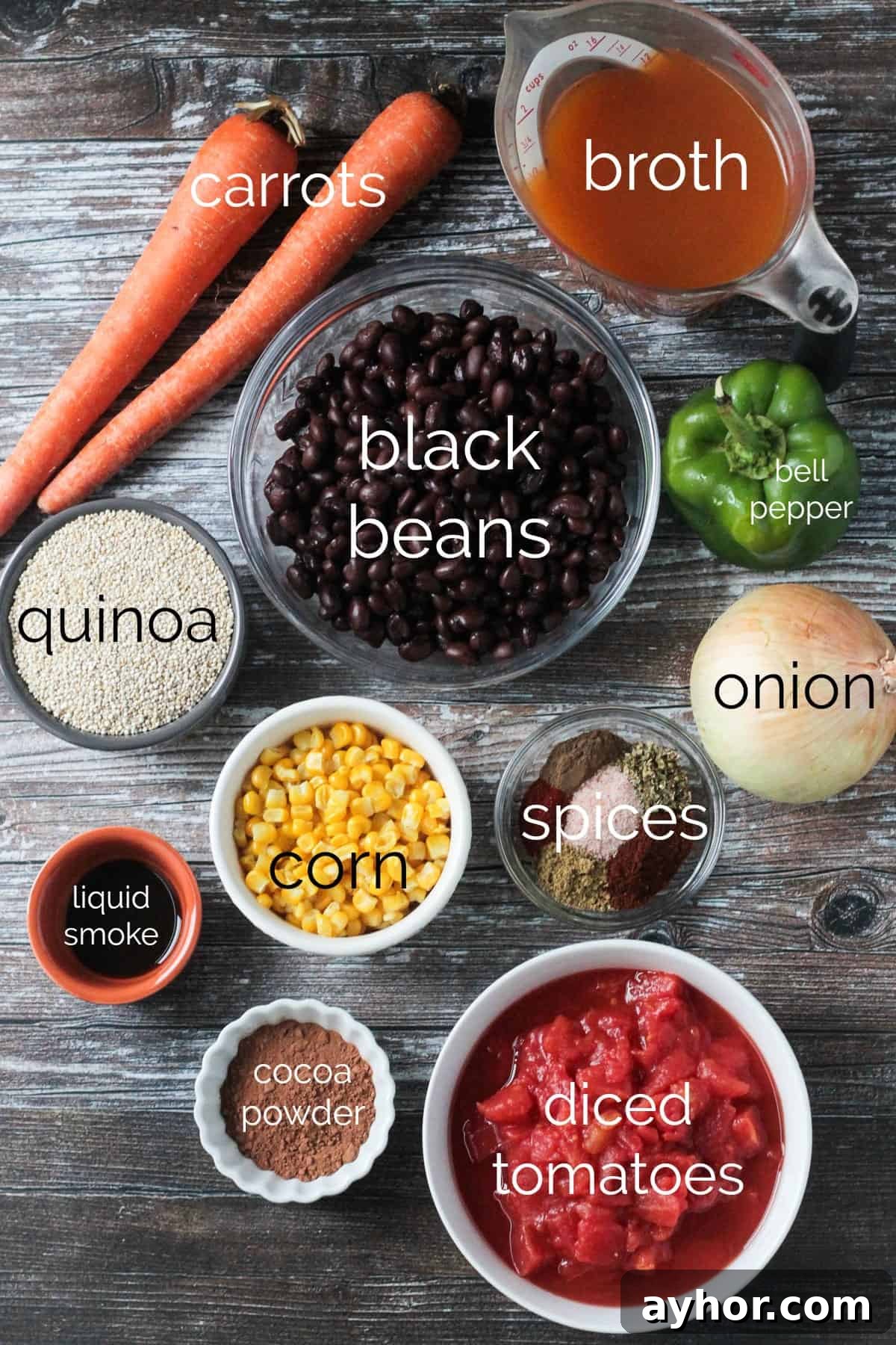 Individual recipe ingredients for Black Bean Quinoa Chili arrayed in separate bowls.