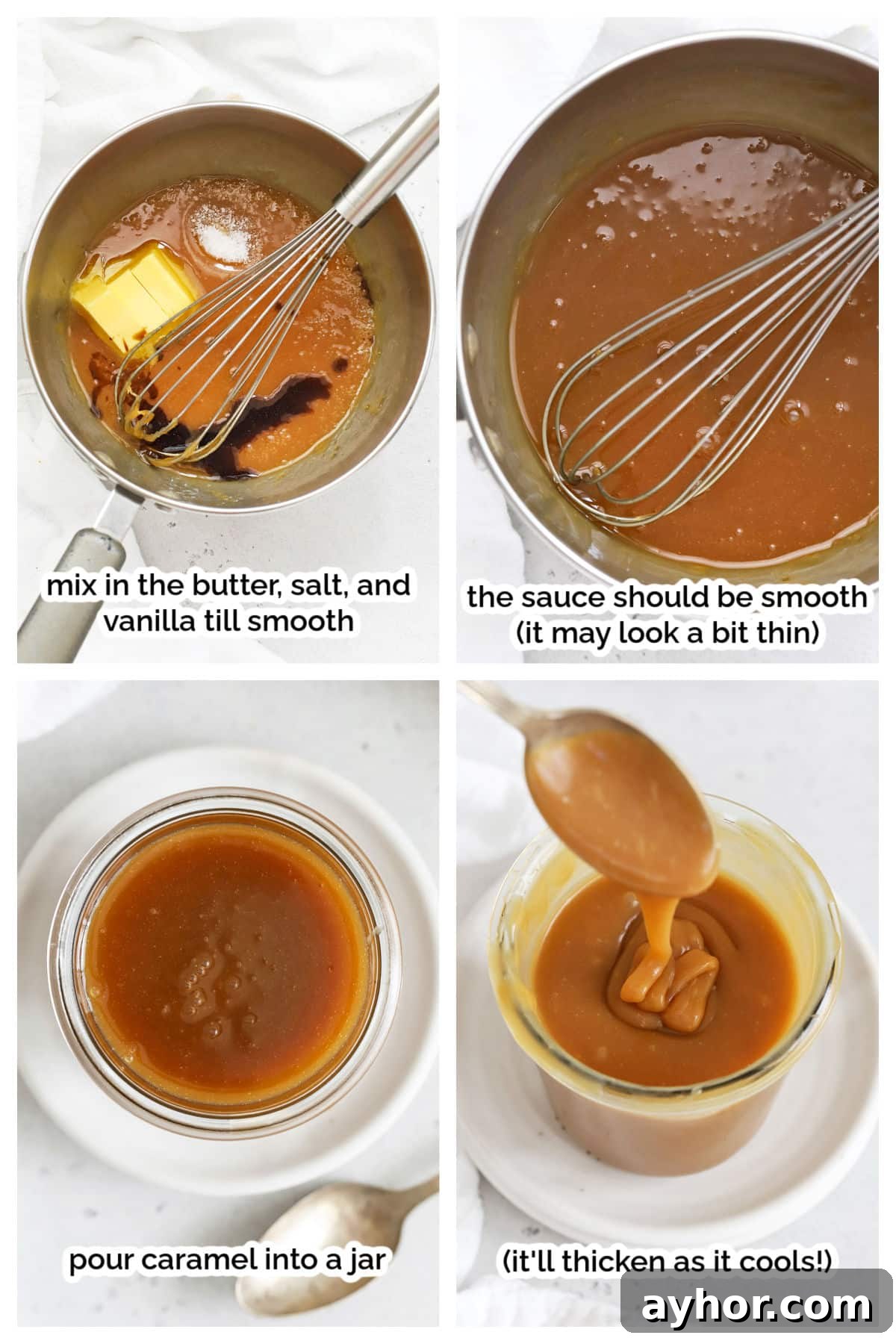 Homemade Caramel Sauce Recipe — Rich, Smooth & Pourable 5 finishing caramel sauce and pouring it into a jar