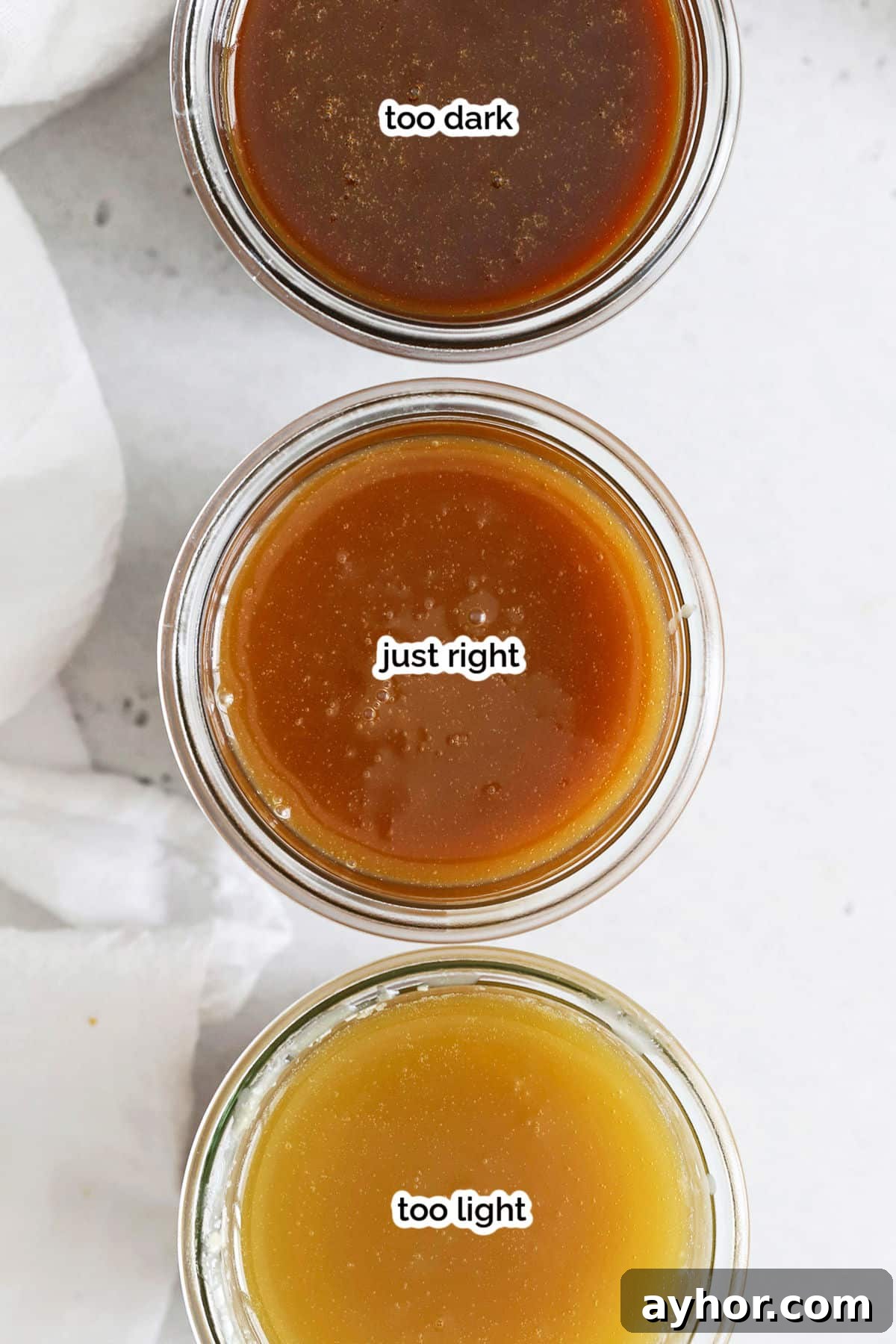 Homemade Caramel Sauce Recipe — Rich, Smooth & Pourable 6 three jars of caramel sauce with different doneness-too dark, just right, and too light.