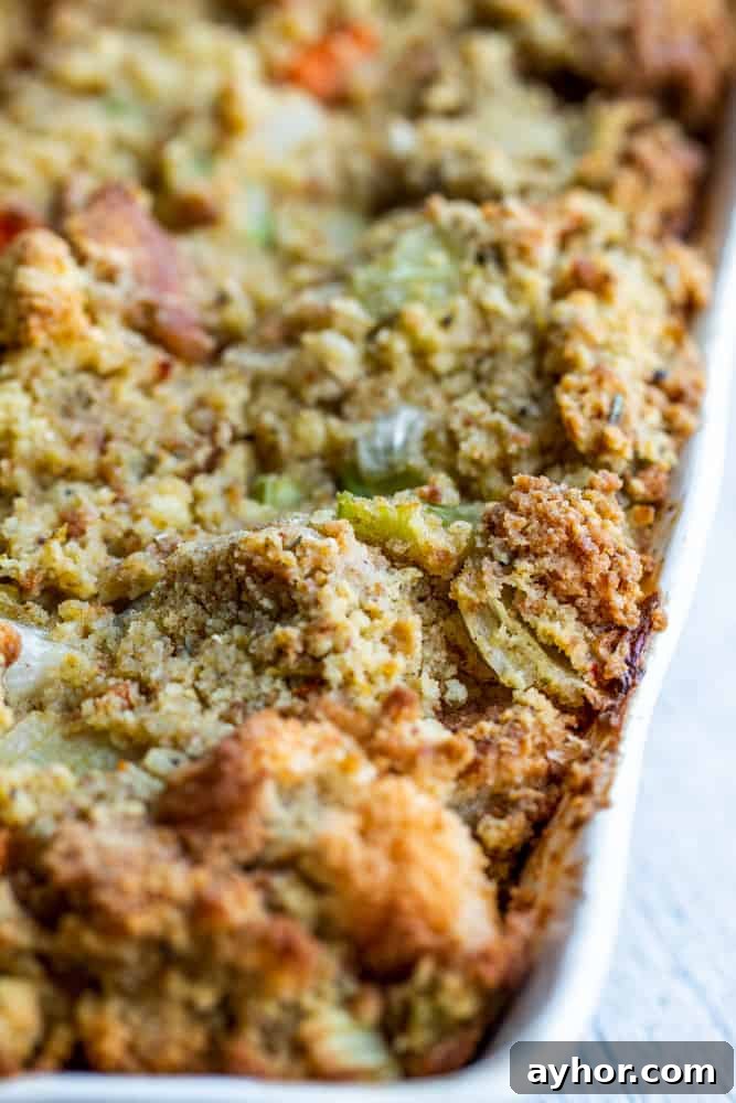 Close up shot of stuffing in white baking dish.