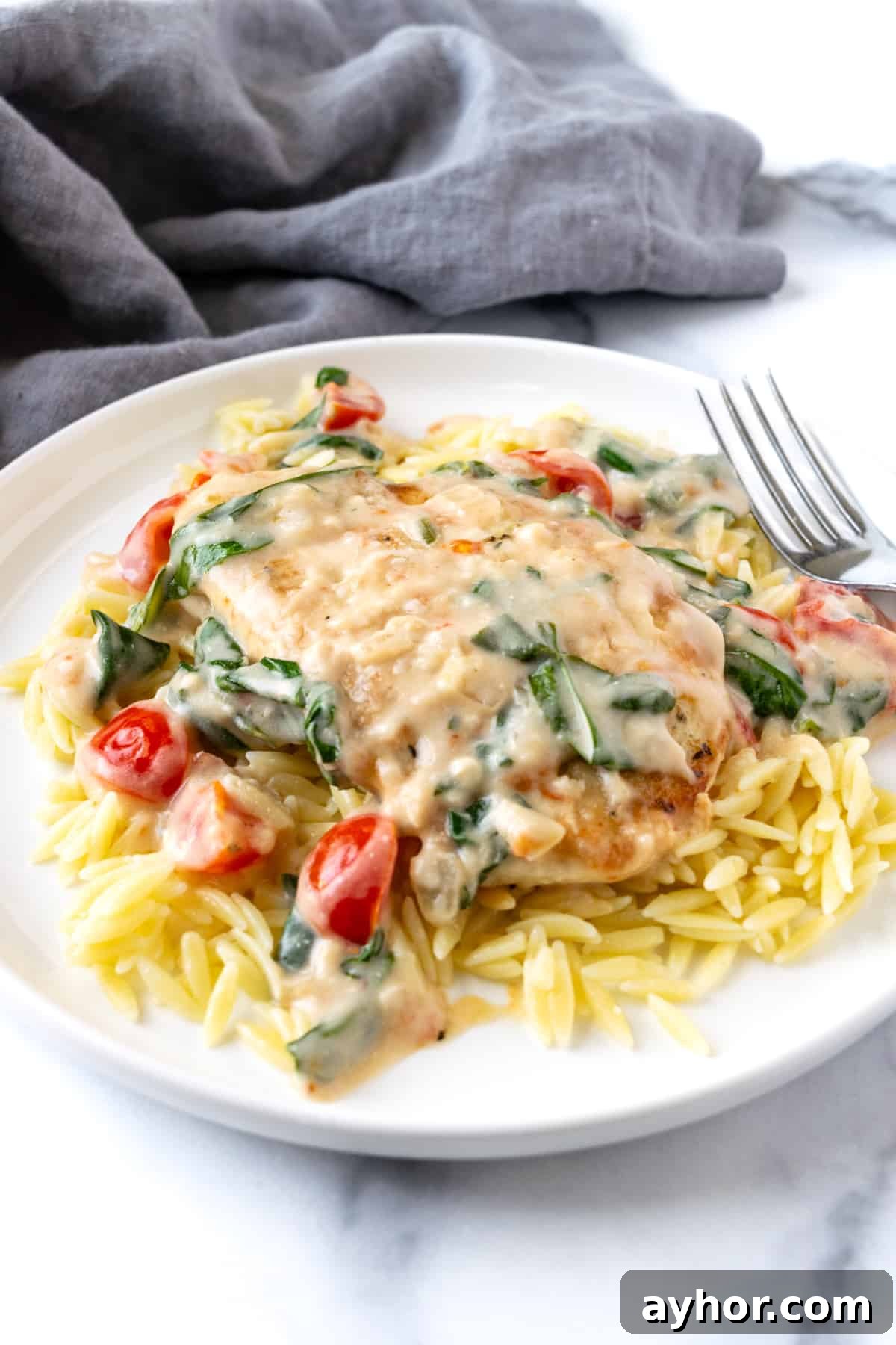 Creamy Chicken Florentine with Spinach and Garlic Sauce 7 Creamy Chicken Florentine with Tomatoes over orzo on a white plate.