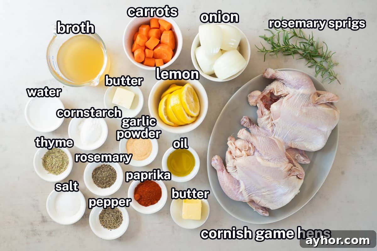 Crispy Roasted Cornish Game Hens with Garlic and Herbs 4 The ingredients to make Roasted Cornish Game Hens with text.