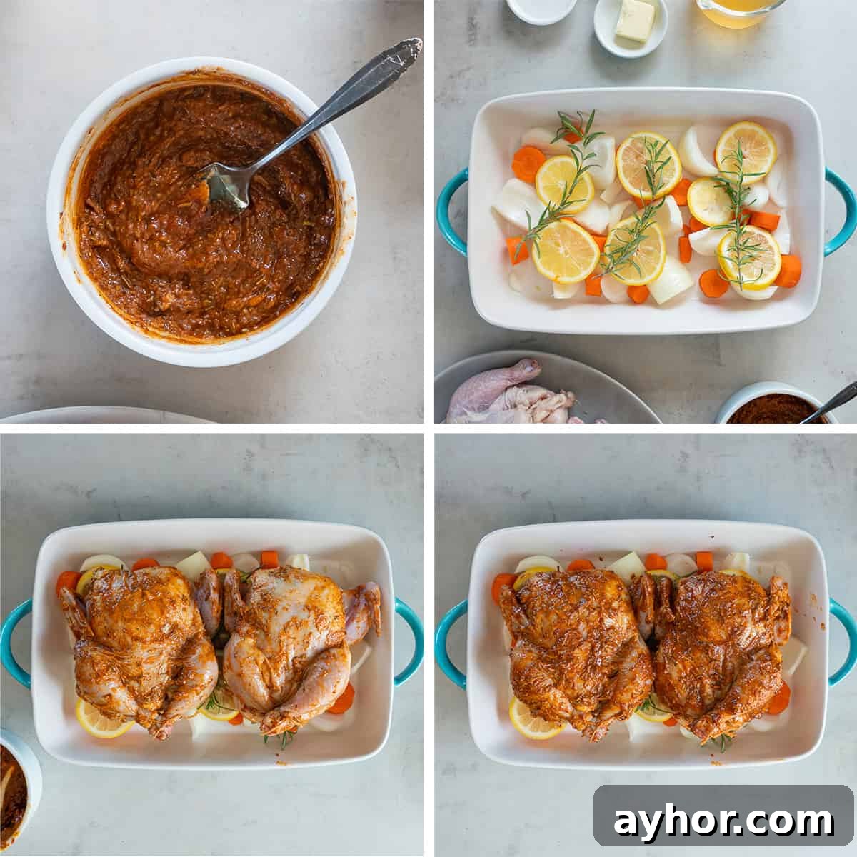 Crispy Roasted Cornish Game Hens with Garlic and Herbs 5 A seasoned butter rub in a small bowl, vegetables and lemon slices in a baking dish and seasoned cornish game hens on top of the vegetables in the baking dish.