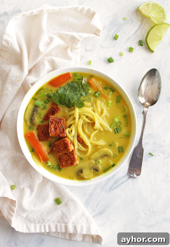 Crispy Tofu Thai Curry Soup Recipe: Flavorful Coconut Broth 2 Thai curry soup, sauteed mushrooms, bell peppers, onions, and rice noddles in a creamy curry broth. And topped with crispy tofu. Only takes 30 minutes to make, the perfect weeknight dinner recipe, especially in the winter! (Vegan, Gluten Free, Vegetarian) | robustrecipes.com