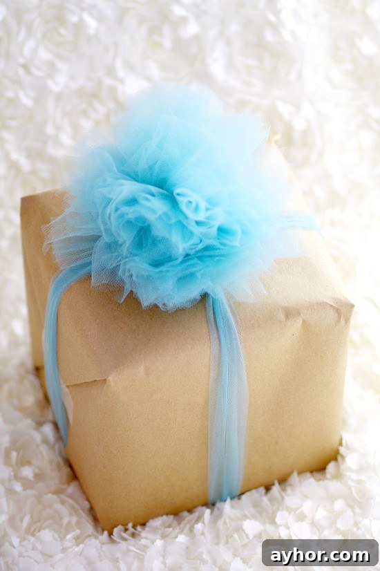 DIY Tulle Gift Bow example on wrapped present