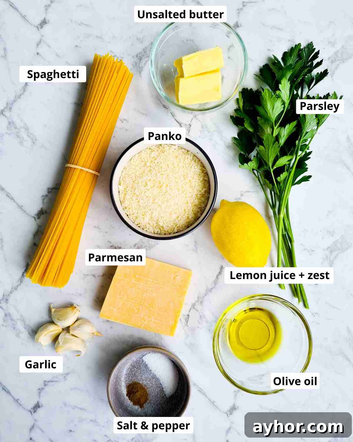 Creamy Lemon Garlic Butter Pasta Recipe for Quick Weeknight Meals 3 Ingredients required to make lemon garlic butter pasta, labeled