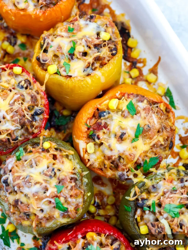 Stuffed Bell Peppers with Quinoa and Ground Turkey 2 top down shot of Healthy Stuffed Peppers in a baking dish.
