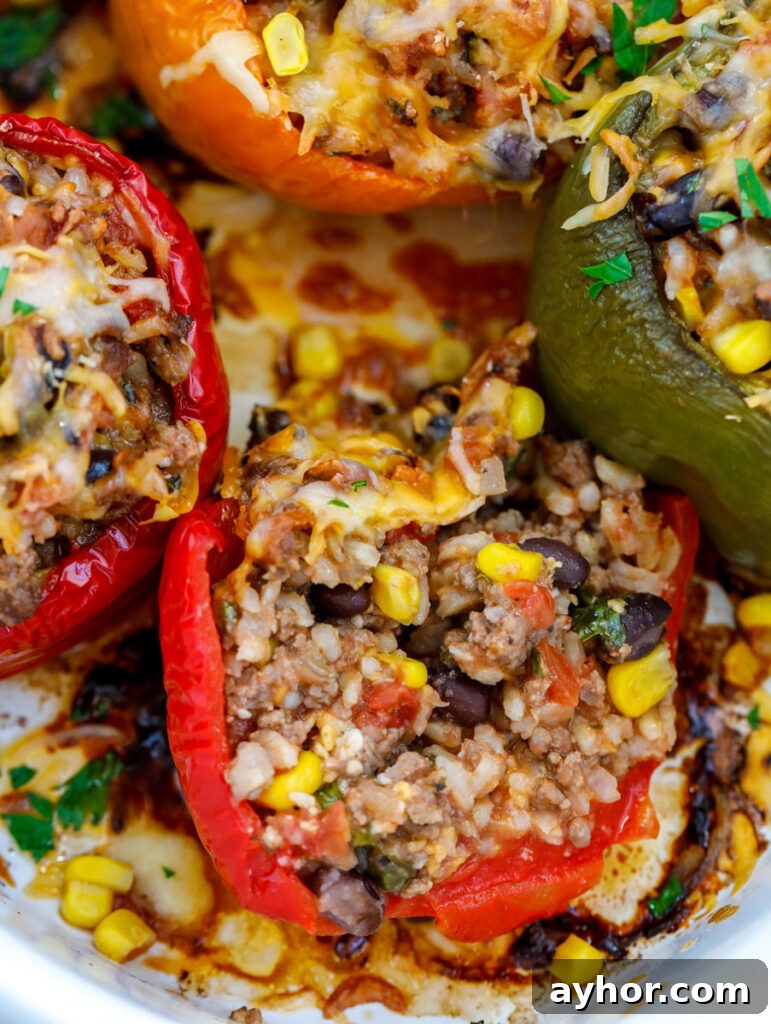 Stuffed Bell Peppers with Quinoa and Ground Turkey 7 close up of Healthy Stuffed Peppers in a dish.