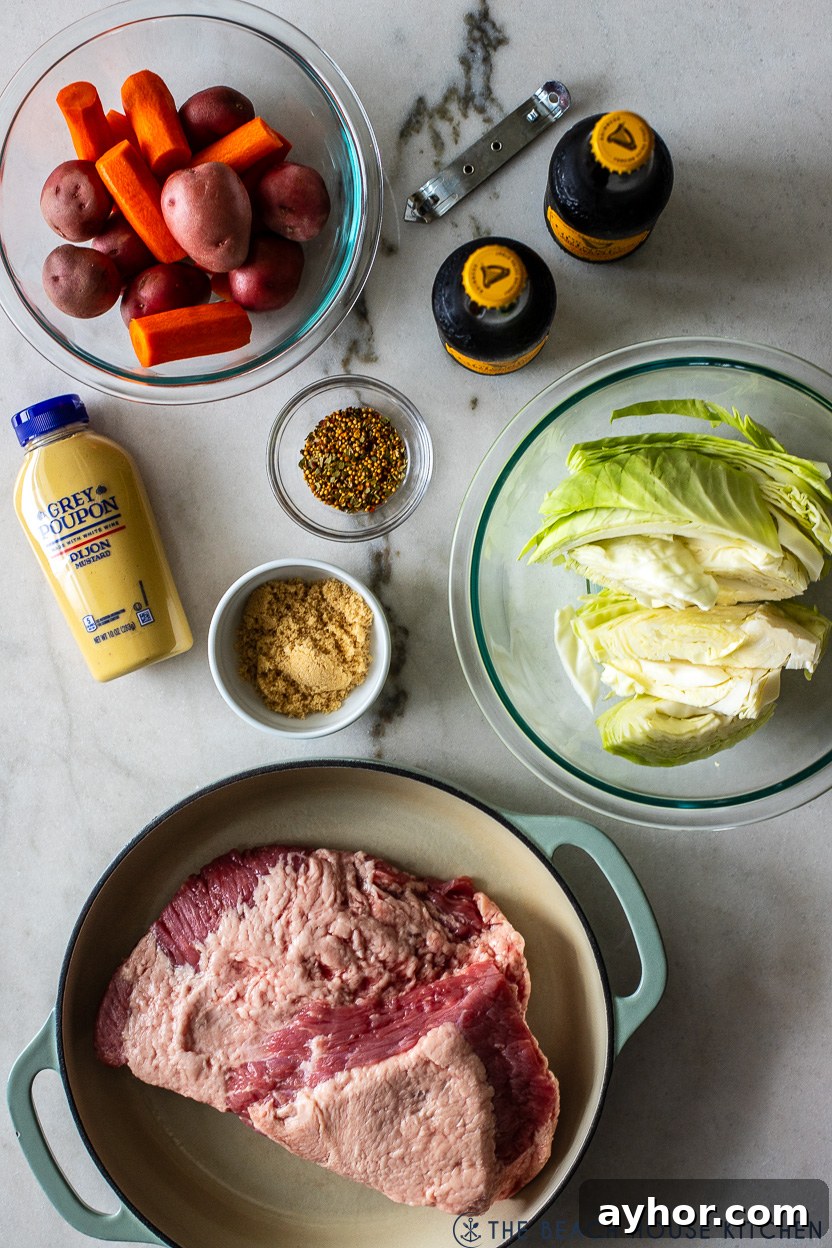 Classic Corned Beef and Cabbage Recipe for St. Patrick's Day 4 Overhead photo of ingredients for corned beef and cabbage