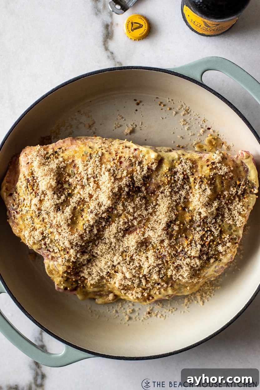 Classic Corned Beef and Cabbage Recipe for St. Patrick's Day 5 Overhead photo of pre-baked corned beef