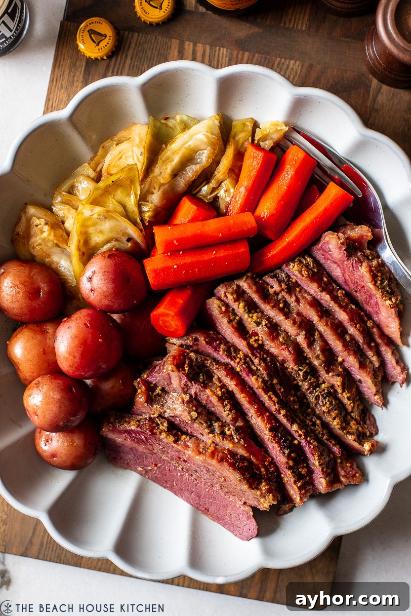 Classic Corned Beef and Cabbage Recipe for St. Patrick's Day 8 Up close overhead photo of corned beef, cabbage, carrots and potatoes